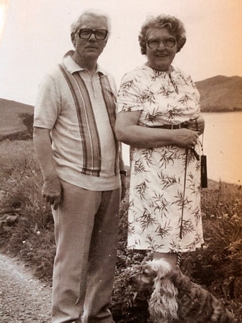 Our parents, Berard and Maude Gallagher holidaying in the Dingle Peninsula c 1980s with their cocker spaniel Kerry