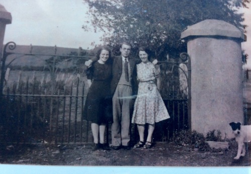Our Dad, Gerard Gallagher with his sister Eileen to the right as viewed and A.N.Other at the Minister's Gates c, 1940-ish